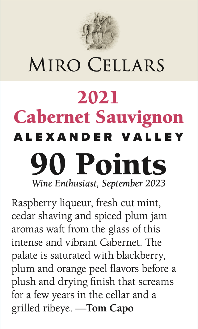 2021 Miro Cellars Cabernet Sauvignon 90 Points Shelf Talker